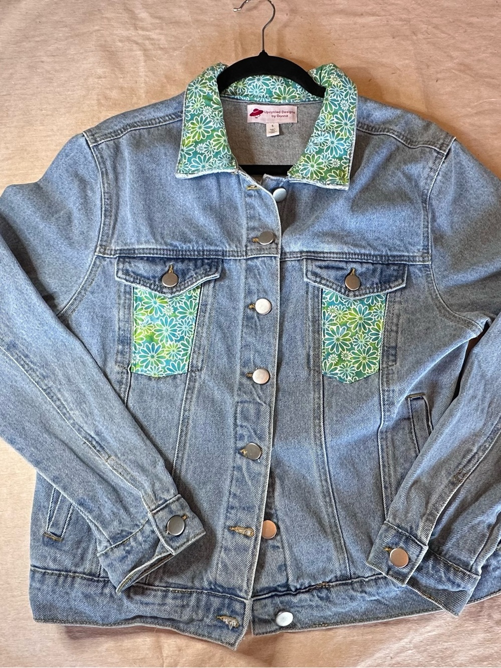 Upcycled Light Blue Denim Jacket with Green Floral Trim